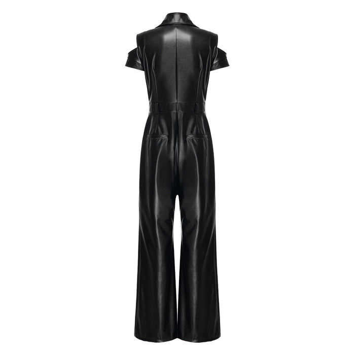 Women Jumpsuit Elegant PU Leather Chic Romper Fashion Cold Shoulder Cargo Club