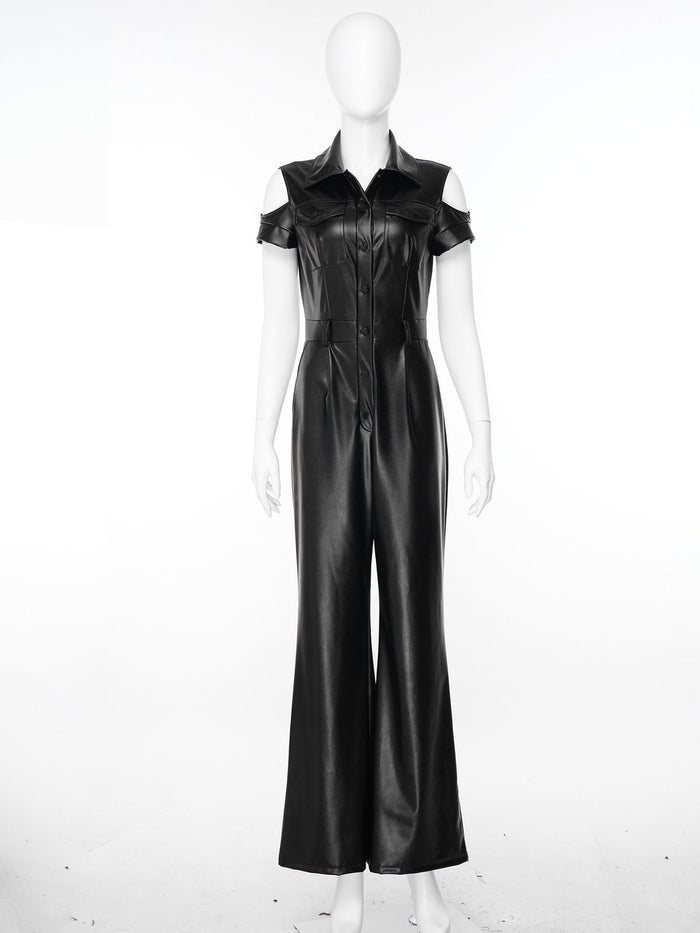 Women Jumpsuit Elegant PU Leather Chic Romper Fashion Cold Shoulder Cargo Club