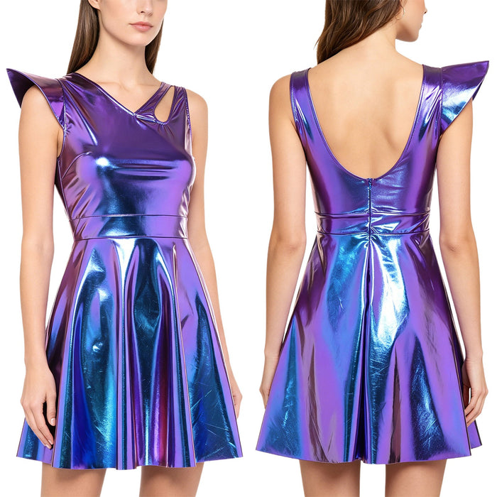 Women Metallic Shiny Disco Dress Backless Sexy A-line Mini Dress for Rave Party