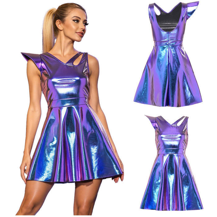 Women Metallic Shiny Disco Dress Backless Sexy A-line Mini Dress for Rave Party