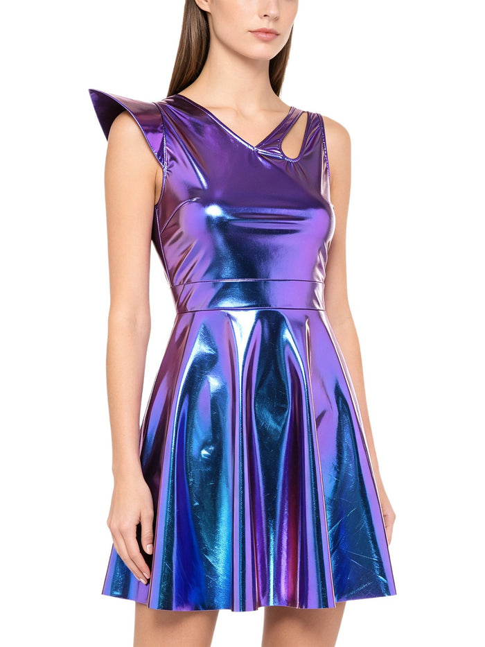 Women Metallic Shiny Disco Dress Backless Sexy A-line Mini Dress for Rave Party
