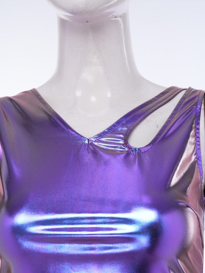 Women Metallic Shiny Disco Dress Backless Sexy A-line Mini Dress for Rave Party