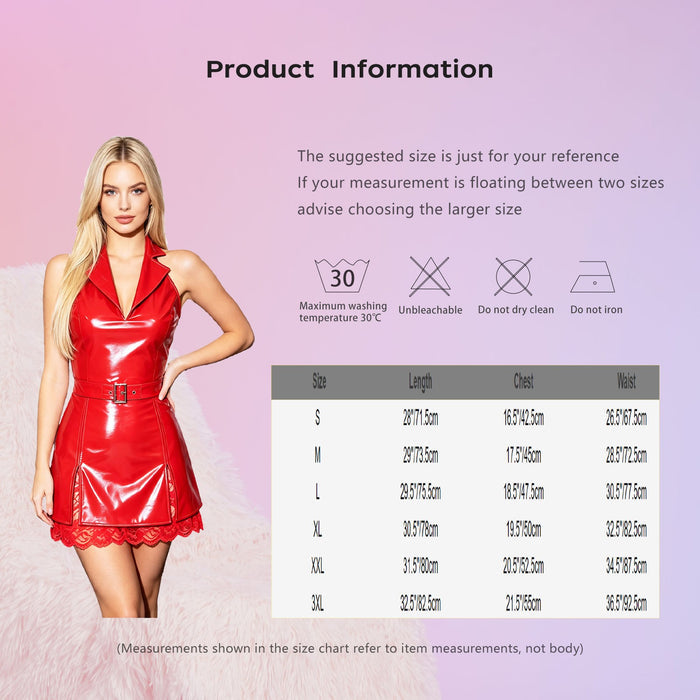 Women PU Leather Lace Glossy Dress Shiny Mini Dating Night Show Outfits Party