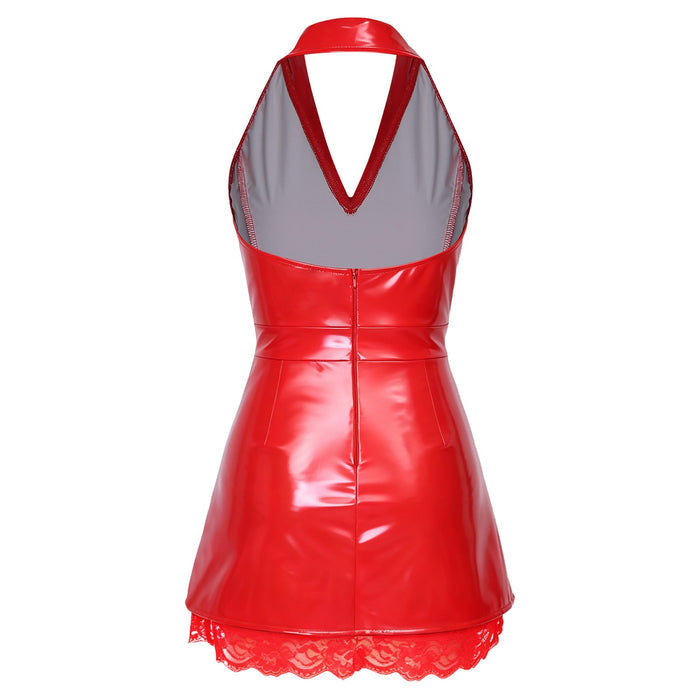 Women PU Leather Lace Glossy Dress Shiny Mini Dating Night Show Outfits Party