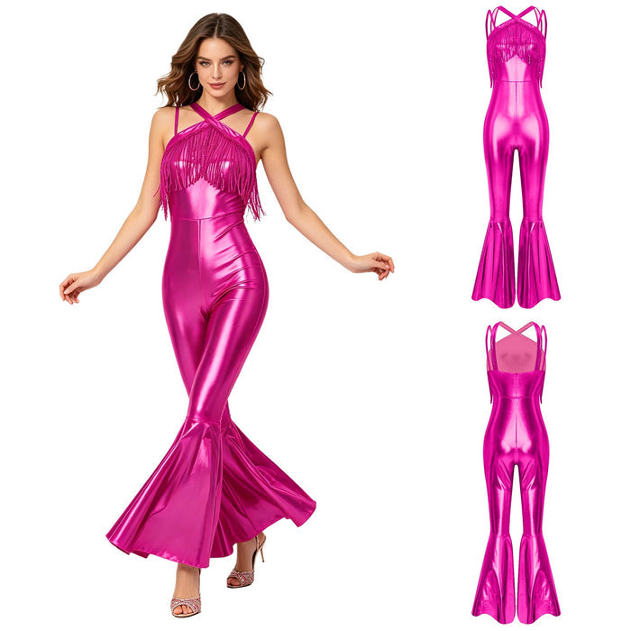 Women Retro 70s 80s Disco Wear Hippie Bell Bottom Jumpsuit One Piece Rompers