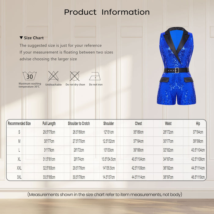 Women Sequin Glitter Romper Lapel V Neck Short Jumpsuit Concert Outfit with Belt