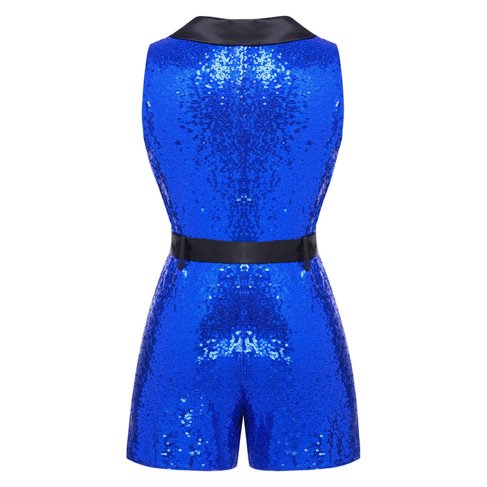 Women Sequin Glitter Romper Lapel V Neck Short Jumpsuit Concert Outfit with Belt