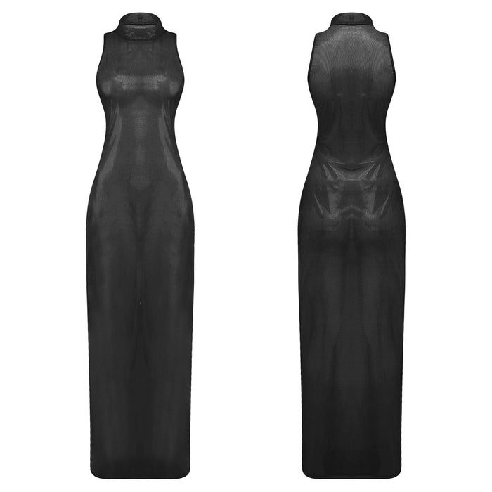 Women Sheer Maxi Dress Sleeveless See Through Bodycon Back Zipper Pencil Dress