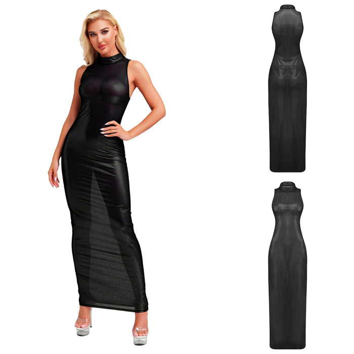 Women Sheer Maxi Dress Sleeveless See Through Bodycon Back Zipper Pencil Dress