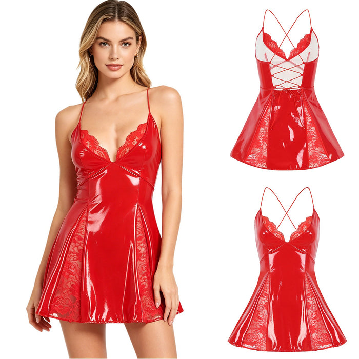 Women Slip Dress Sleeveless Mini Party Club Dresses Wet Look Leather Clubwear