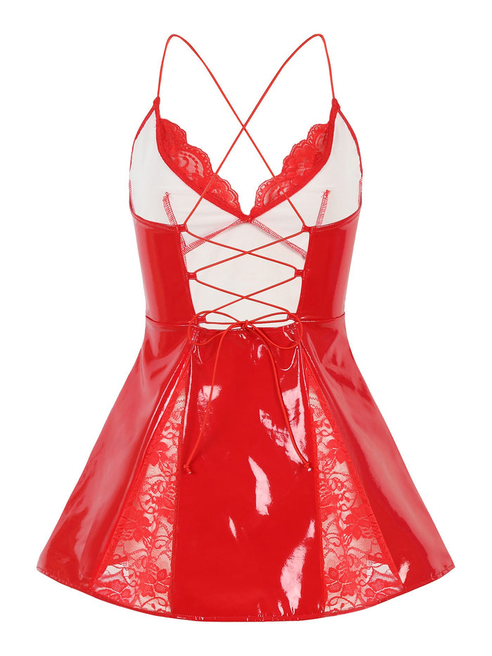 Women Slip Dress Sleeveless Mini Party Club Dresses Wet Look Leather Clubwear