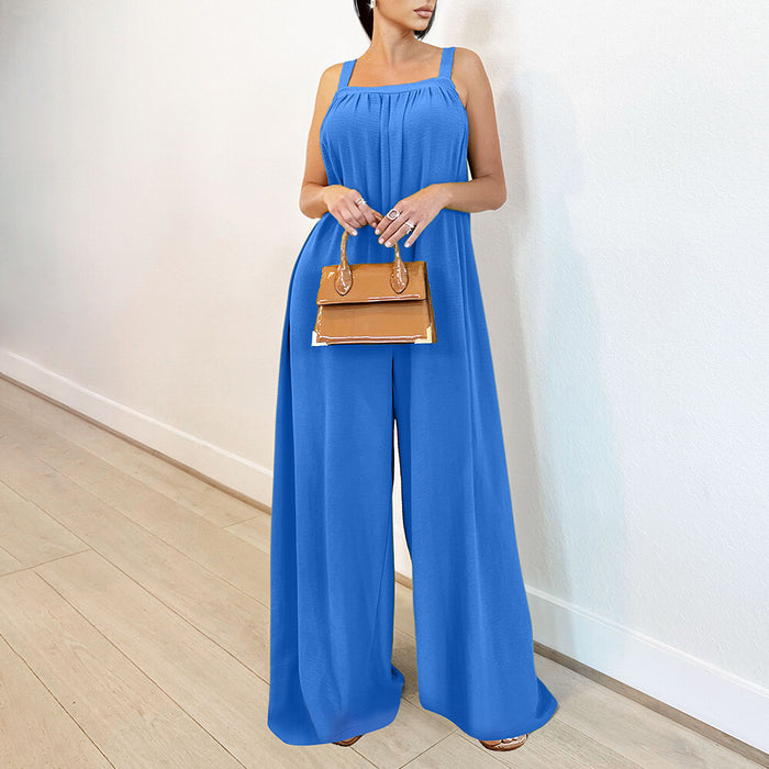 Women Solid Elegant Pockets Jumpsuit Ladies Square Neck Sleeveless Summer Pants