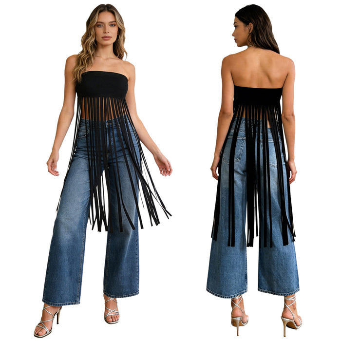 Women Tassel Cowgirl Dress Asymmetrical Hem Party Chiffon Streetwear Fashion