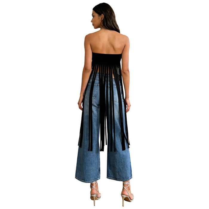 Women Tassel Cowgirl Dress Asymmetrical Hem Party Chiffon Streetwear Fashion