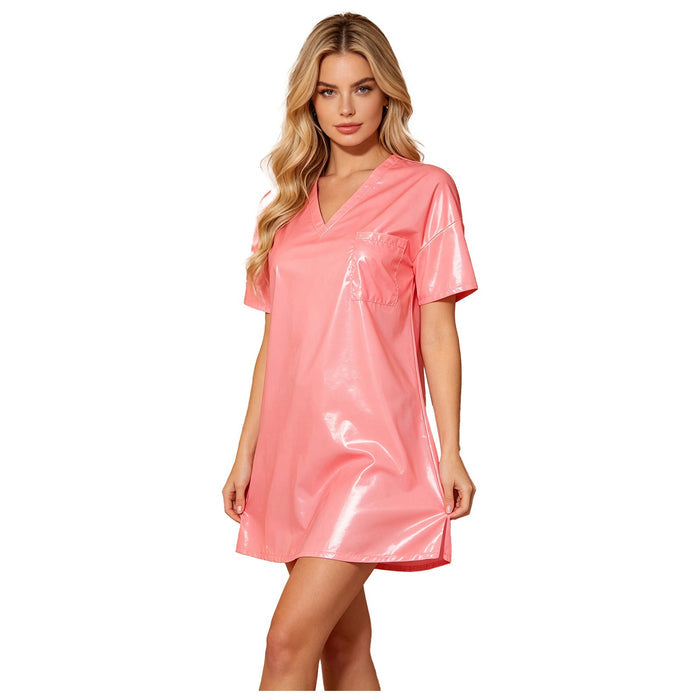 Women Wetlook V‑Neck Short Sleeve Loose Tunic Dress Club Party Nightwear Glossy