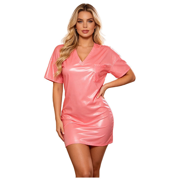 Women Wetlook V‑Neck Short Sleeve Loose Tunic Dress Club Party Nightwear Glossy