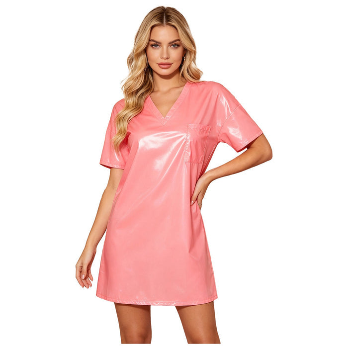 Women Wetlook V‑Neck Short Sleeve Loose Tunic Dress Club Party Nightwear Glossy