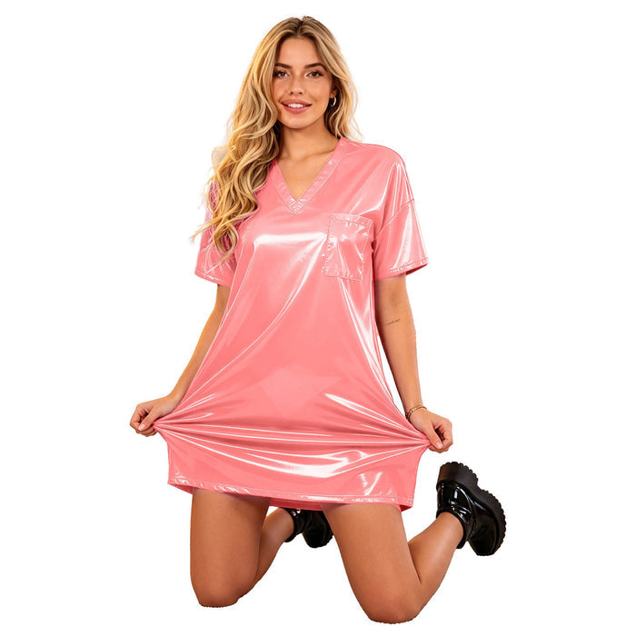 Women Wetlook V‑Neck Short Sleeve Loose Tunic Dress Club Party Nightwear Glossy