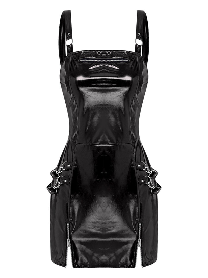 Women Zipper Corset Dress Slim Short Mini Dresses Sleeveless Vinyl Stretchy