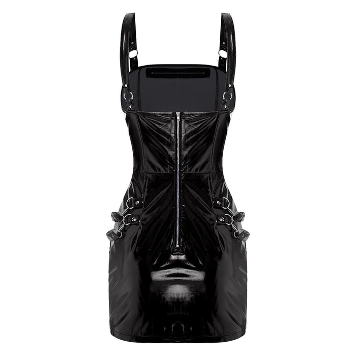 Women Zipper Corset Dress Slim Short Mini Dresses Sleeveless Vinyl Stretchy
