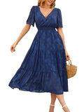 Women's 2024 Summer V Neck Blue Cocktail Party Midi Dress Large Retail $46.99