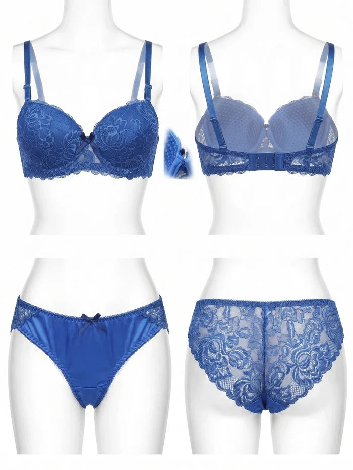 Women's Blue Lace 2 Piece Push Up Bra Bralette Lingerie Set A2155