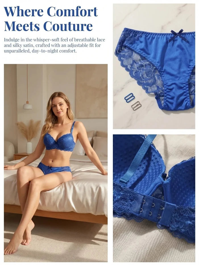 Women's Blue Lace 2 Piece Push Up Bra Bralette Lingerie Set A2155