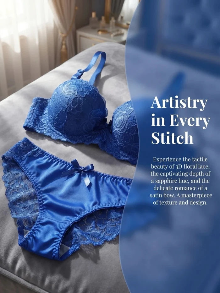 Women's Blue Lace 2 Piece Push Up Bra Bralette Lingerie Set A2155