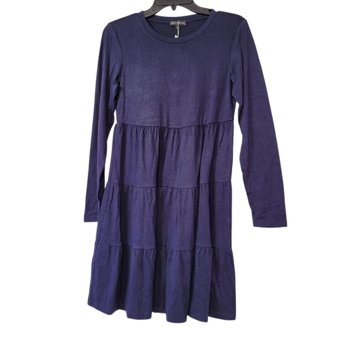 Women's Blue Long Sleeve Fall Dress – Flowy Loose Fit Tiered Dress, Size Small
