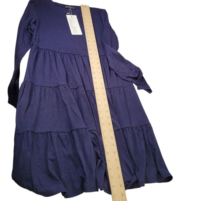 Women's Blue Long Sleeve Fall Dress – Flowy Loose Fit Tiered Dress, Size Small