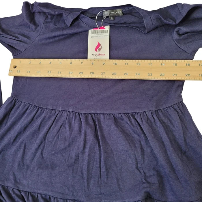 Women's Blue Long Sleeve Fall Dress – Flowy Loose Fit Tiered Dress, Size Small