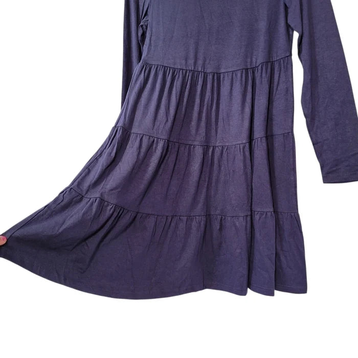 Women's Blue Long Sleeve Fall Dress – Flowy Loose Fit Tiered Dress, Size Small