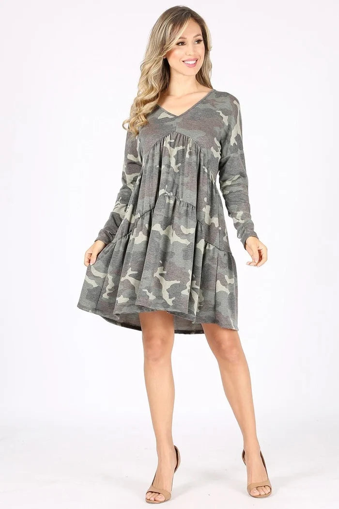 Women's Camouflage V Neck Long Sleeve Babydoll Swing Dress