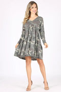 Women's Camouflage V Neck Long Sleeve Babydoll Swing Dress