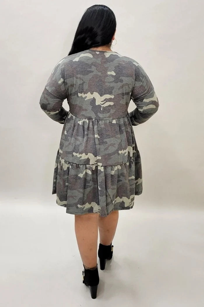 Women's Camouflage V Neck Long Sleeve Babydoll Swing Dress