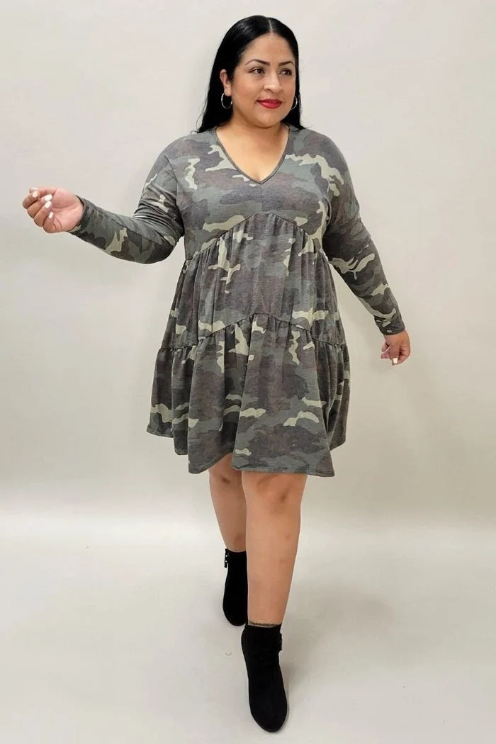 Women's Camouflage V Neck Long Sleeve Babydoll Swing Dress