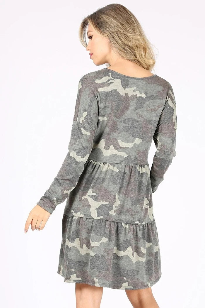 Women's Camouflage V Neck Long Sleeve Babydoll Swing Dress