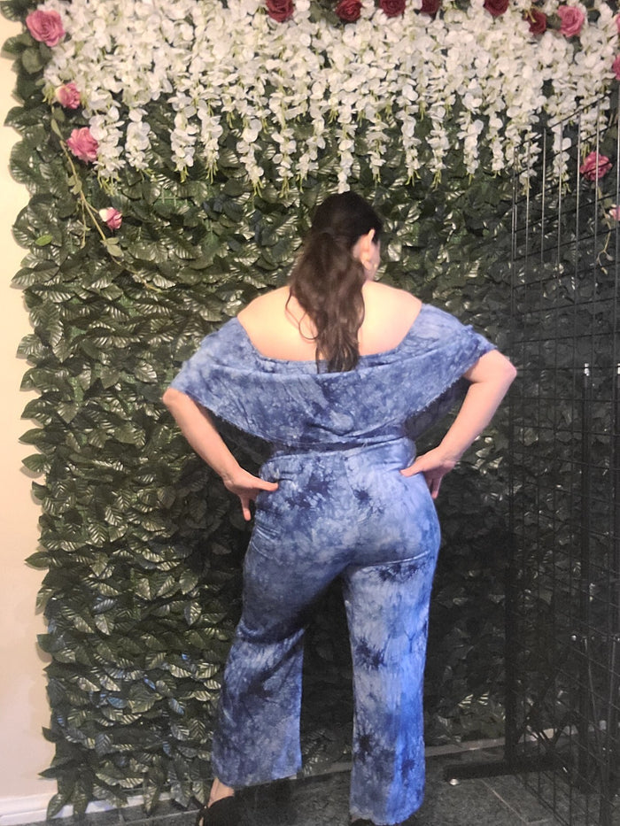 Womens Cold Shoulder Wide Leg Jumpsuit Blue Sz Medium lining pants elastic