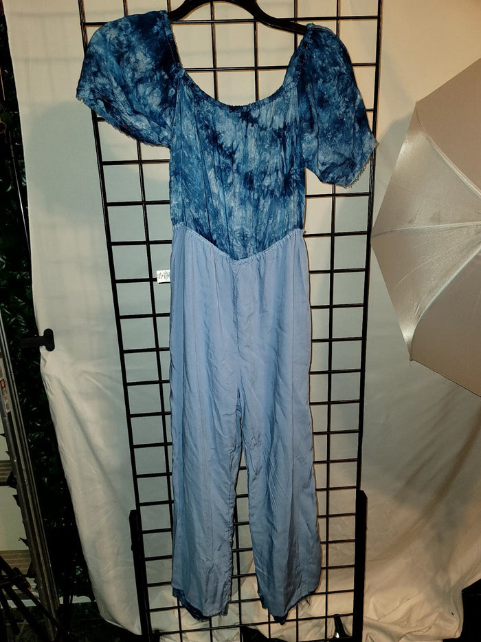 Womens Cold Shoulder Wide Leg Jumpsuit Blue Sz Medium lining pants elastic