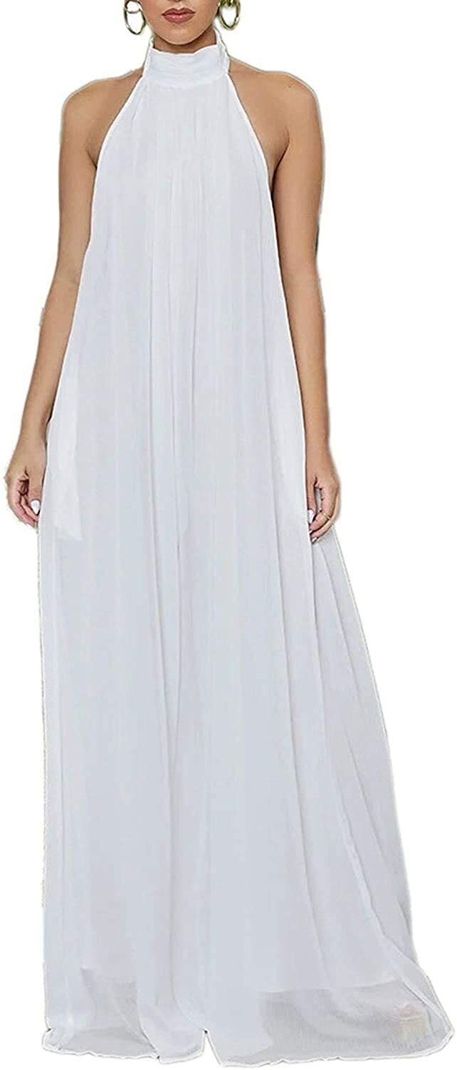Women's Elegant Loose Fit Chiffon Halter Neck Backless Wide Leg Jumpsuits