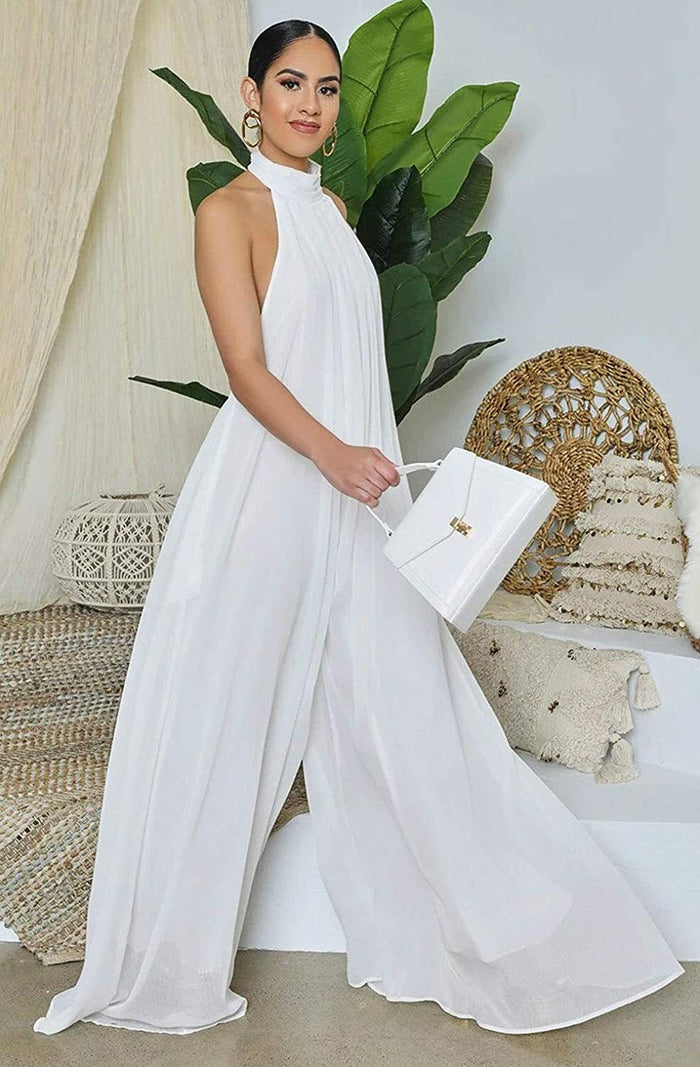 Women's Elegant Loose Fit Chiffon Halter Neck Backless Wide Leg Jumpsuits