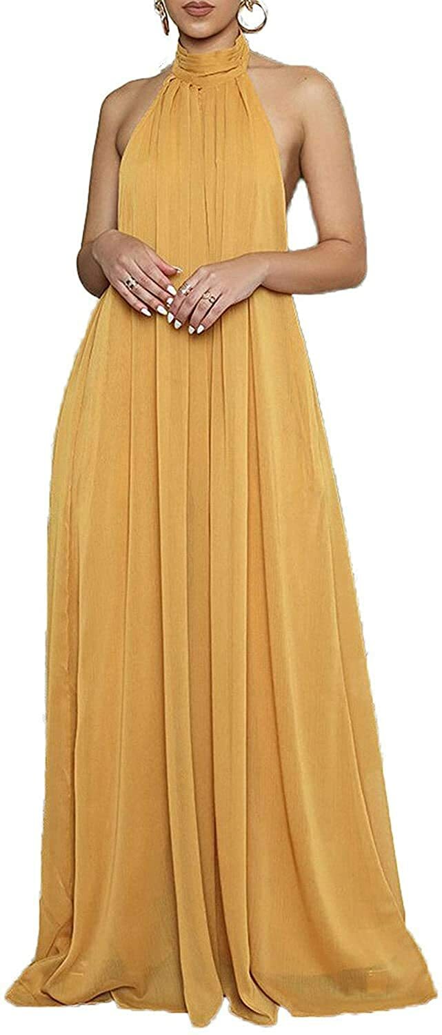 Women's Elegant Loose Fit Chiffon Halter Neck Backless Wide Leg Jumpsuits