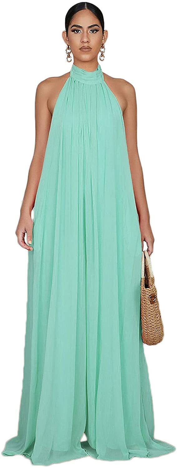 Women's Elegant Loose Fit Chiffon Halter Neck Backless Wide Leg Jumpsuits