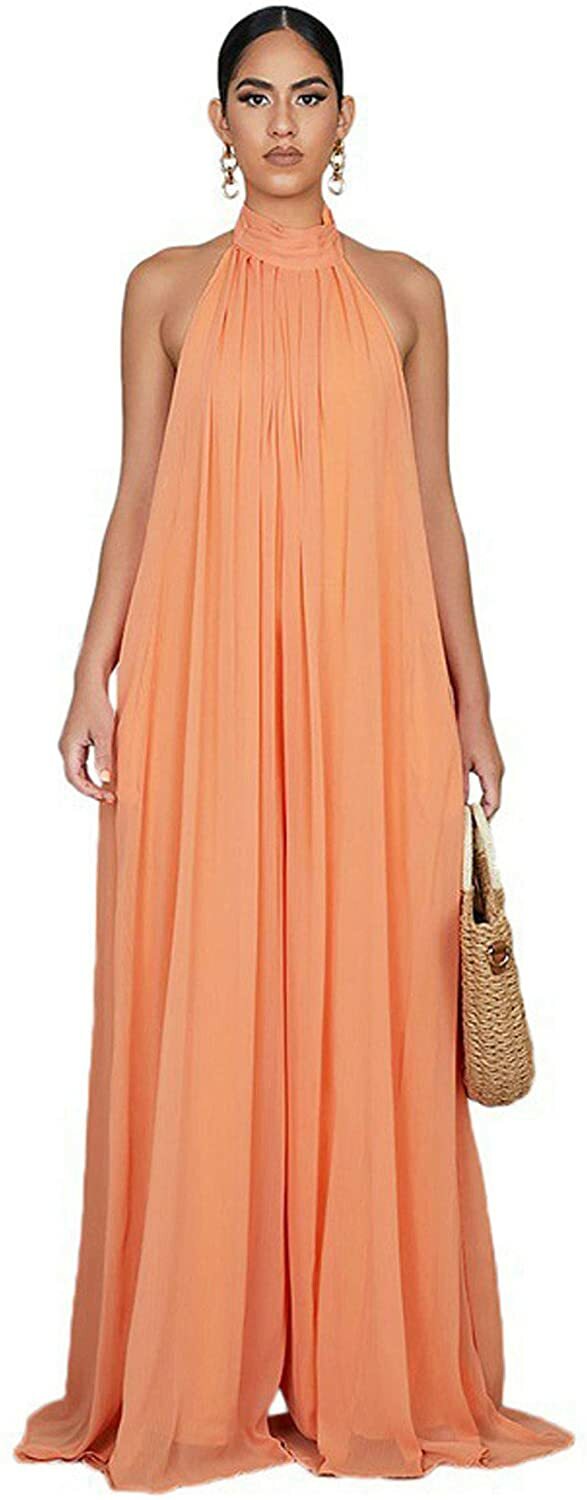 Women's Elegant Loose Fit Chiffon Halter Neck Backless Wide Leg Jumpsuits