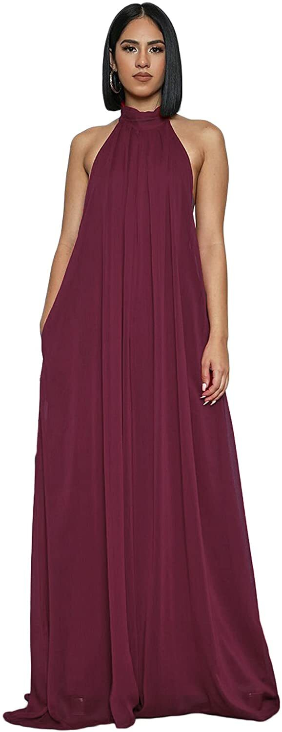 Women's Elegant Loose Fit Chiffon Halter Neck Backless Wide Leg Jumpsuits