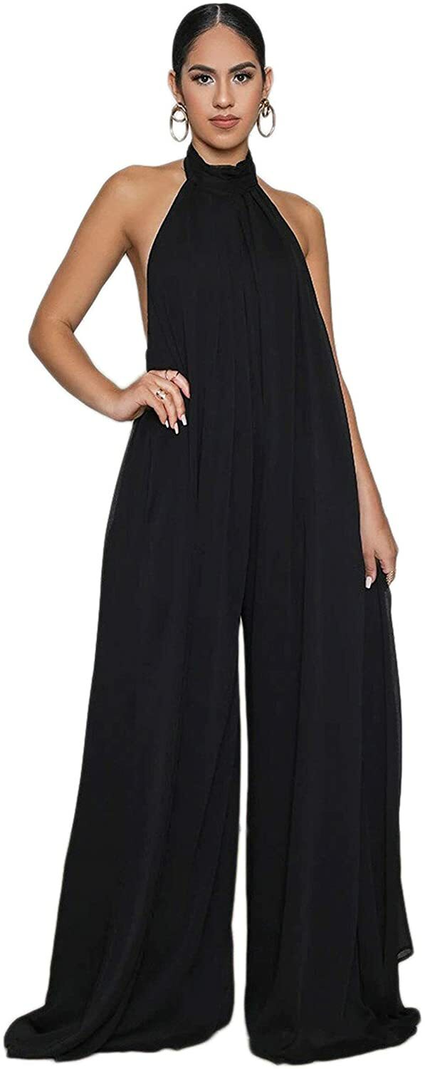 Women's Elegant Loose Fit Chiffon Halter Neck Backless Wide Leg Jumpsuits