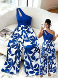 Women's Elegant One Shoulder Slit Floral Print Jumpsuit Size Large