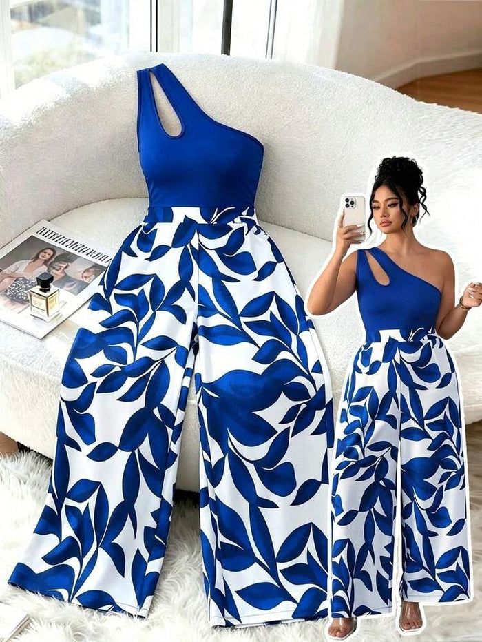 Women's Elegant One Shoulder Slit Floral Print Jumpsuit Size Large