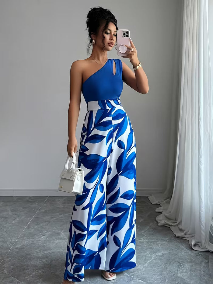 Women's Elegant One Shoulder Slit Floral Print Jumpsuit Size Large