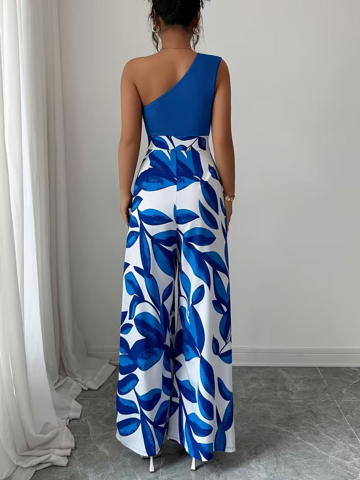 Women's Elegant One Shoulder Slit Floral Print Jumpsuit Size Large